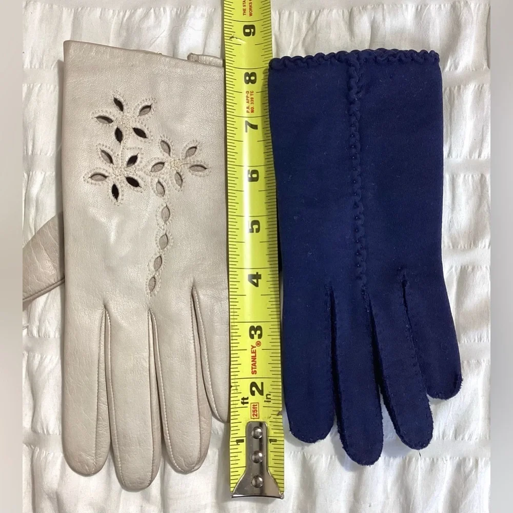 Womens Vtg Set Of Gloves Small Eyelet Cutout Leather & French Knot Fabric